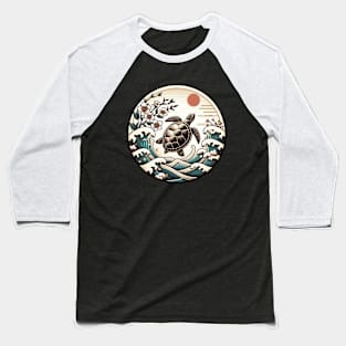 Flower Waves Floral Art Sunset Vintage Japanese Turtle Baseball T-Shirt